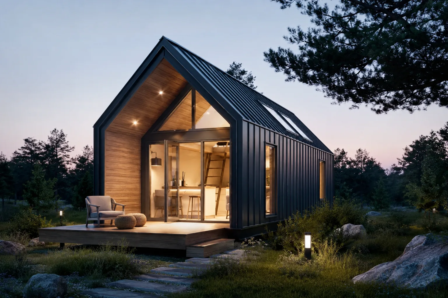 Skandinavisches Tiny House Forest Lodge mit Satteldach in Waldlage