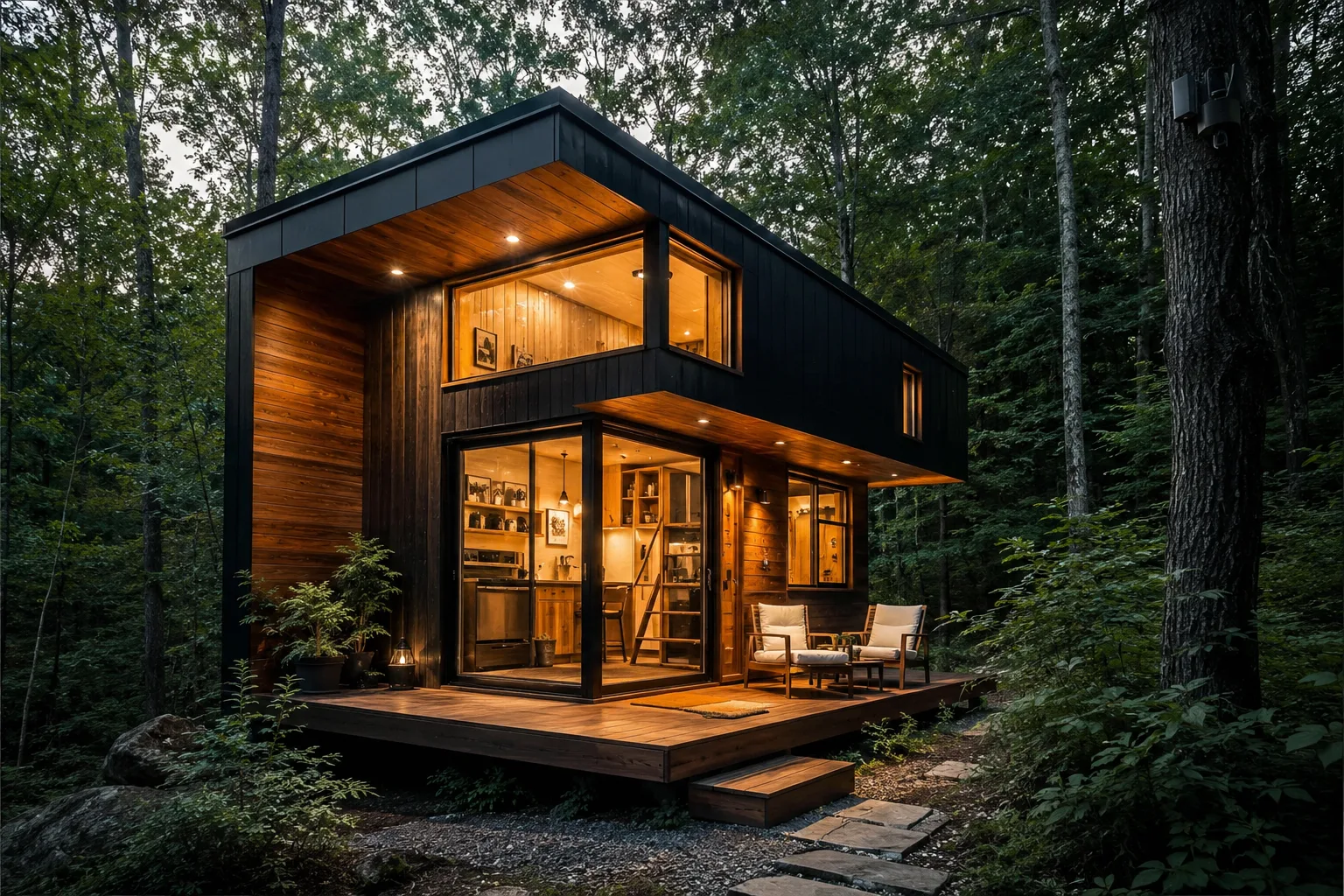 Tiny House kaufen – hochwertig ausgebautes Modell mit Schlafloft in Waldlage