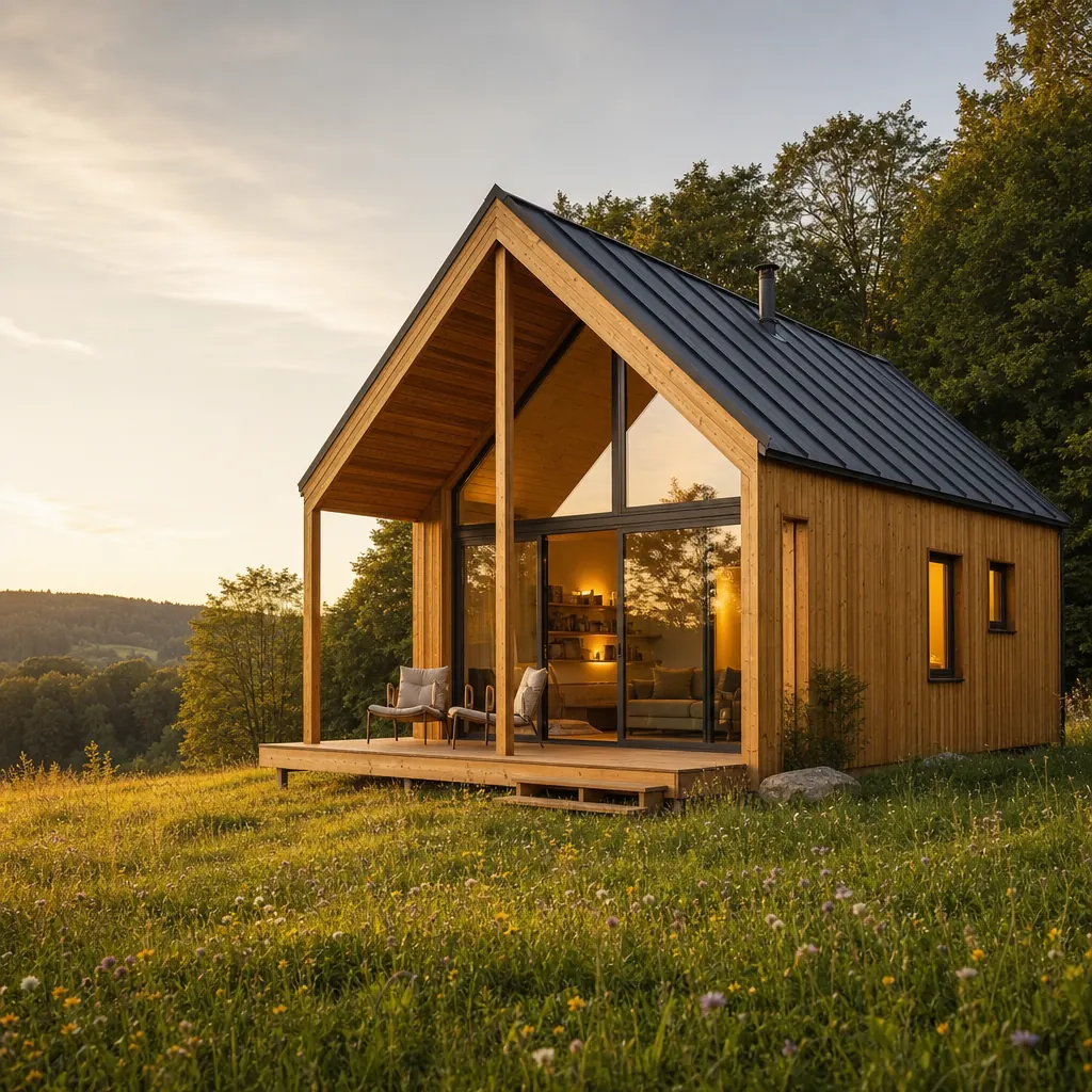 Schlüsselfertiges Tiny House mit Lärchenholzfassade, Glasfront und überdachter Terrasse im warmen Abendlicht