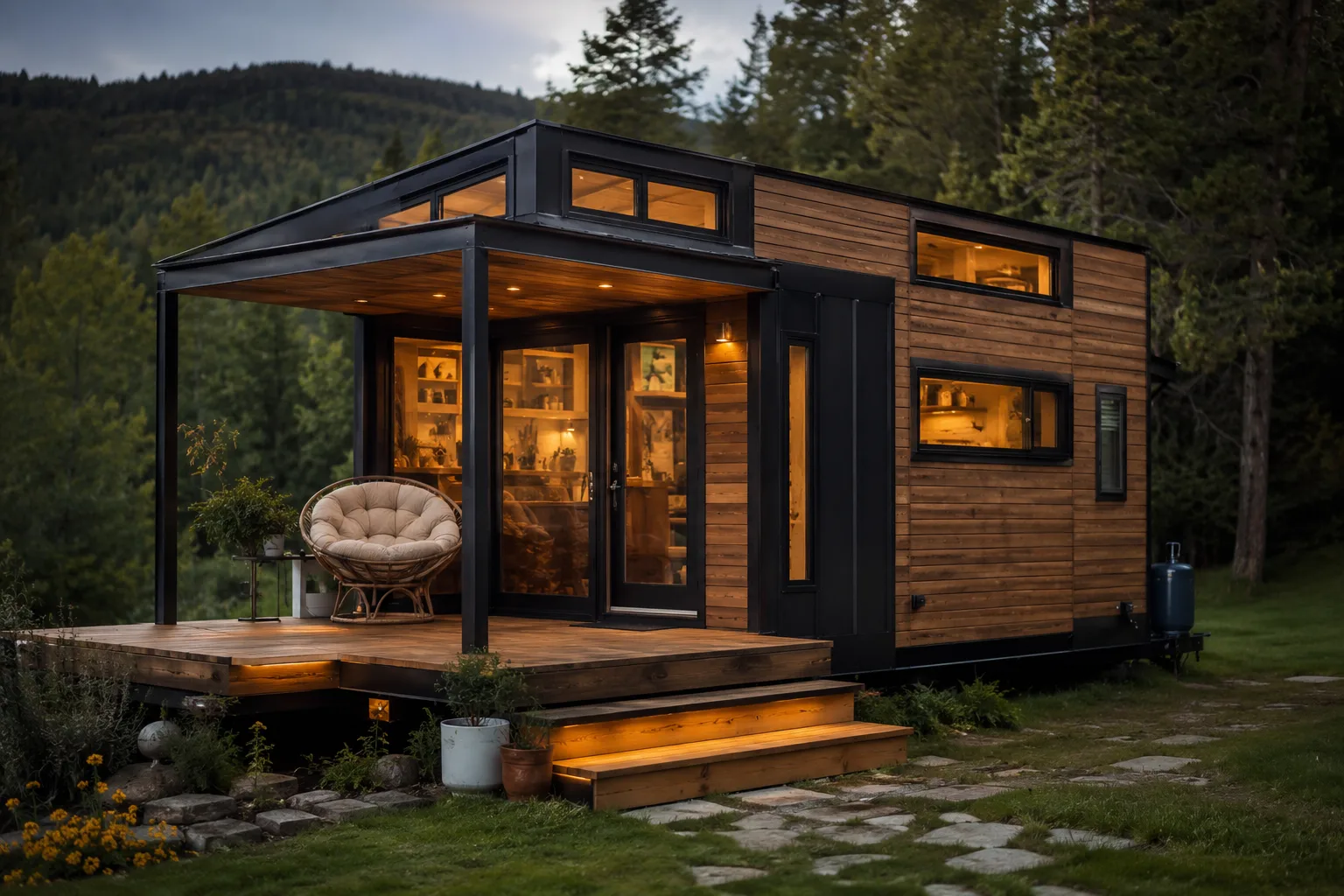 Terrasse mit Pergola an einem kompakten ebenerdigen Tiny House