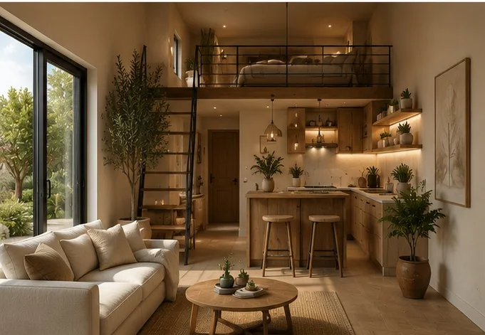 Innenansicht eines modernen Tiny House im mediterranen Toskana-Stil mit hellem Wohnbereich, Holz, Naturfarben und Loft