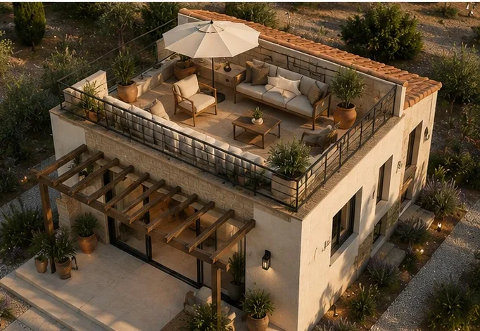Dachterrasse im Toskana-Stil mit mediterraner Möblierung von oben