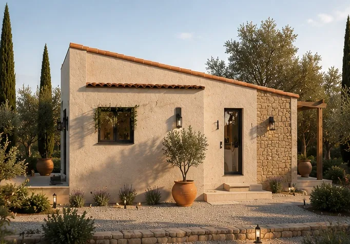 Tiny House im modernen mediterranen Toskana-Stil ohne Dachterrasse in Seitenansicht mit Putzfassade, Naturstein und Terrakotta-Dach